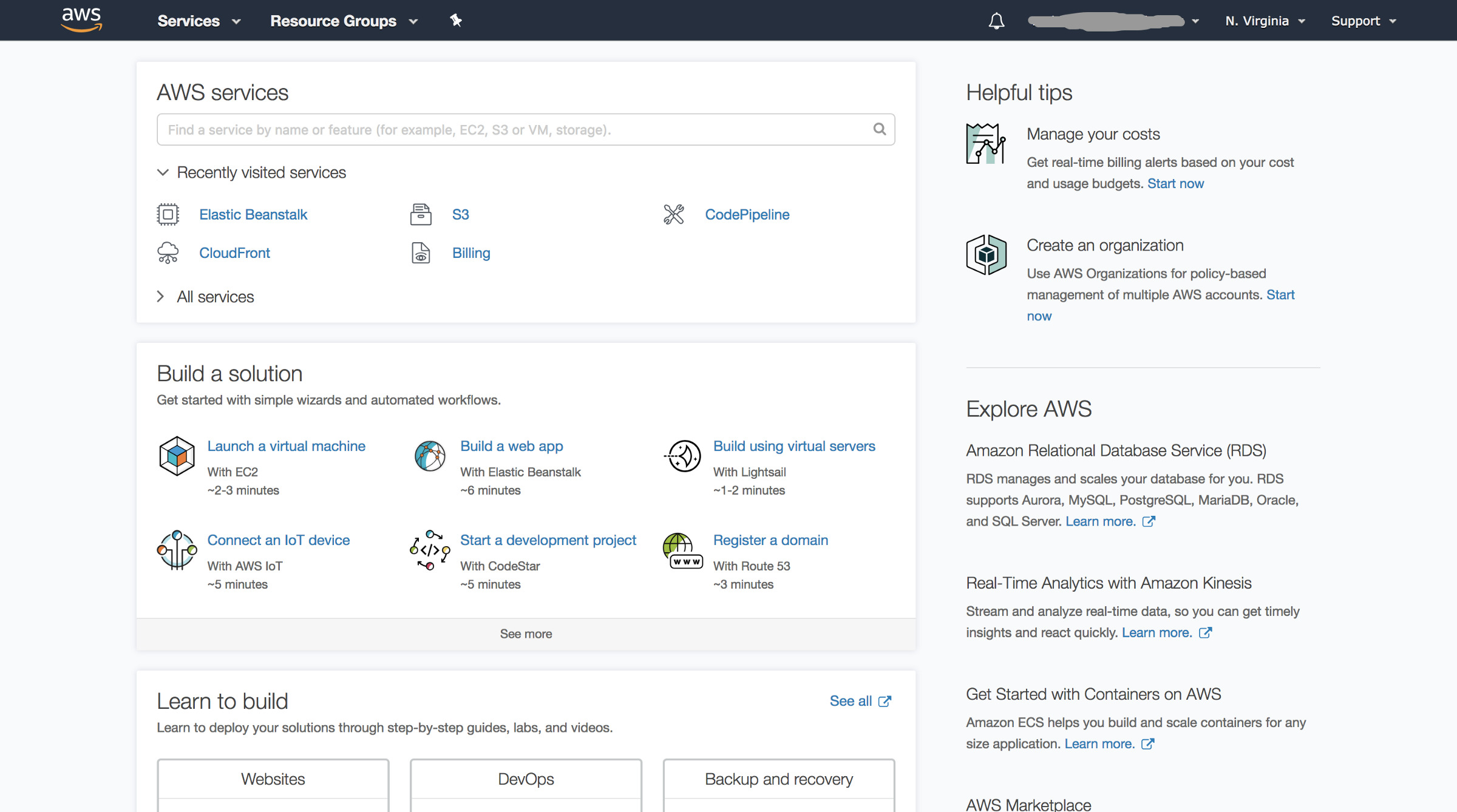 You can use search to look for any AWS service that you wish to use.